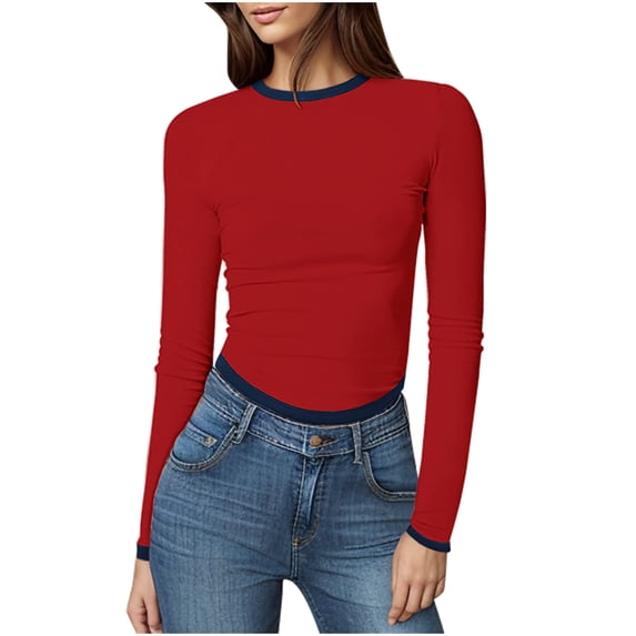 Timegard Going out Tops for Women Crewneck Long Sleeve Block Color Slim Comfy Cropped Tops Casual Fashion
