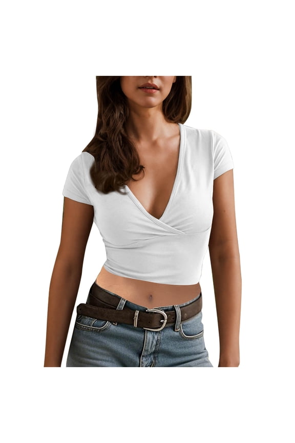 Going out Tops for Women Deep V Neck Ruched Cropped Slim Comfy Short Sleeve Tee Casual Summer