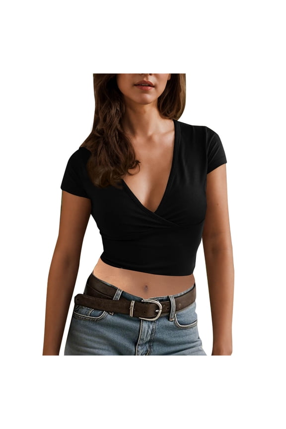 Going out Tops for Women Deep V Neck Ruched Cropped Slim Comfy Short Sleeve Tee Casual Summer
