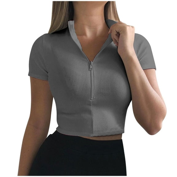 Timegard Going out Tops for Women Half Zipper V Neck Stand Collar Slim Crop Tops Trendy Streetwear