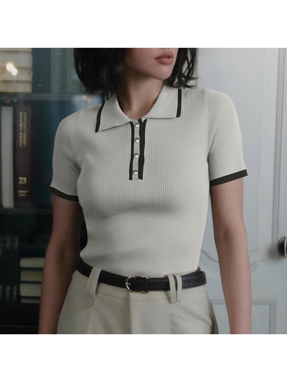 Going out Tops for Women Lapel Neck Button Drop Shoulder Slim Comfy Crop Tee Shirts Tops Trendy