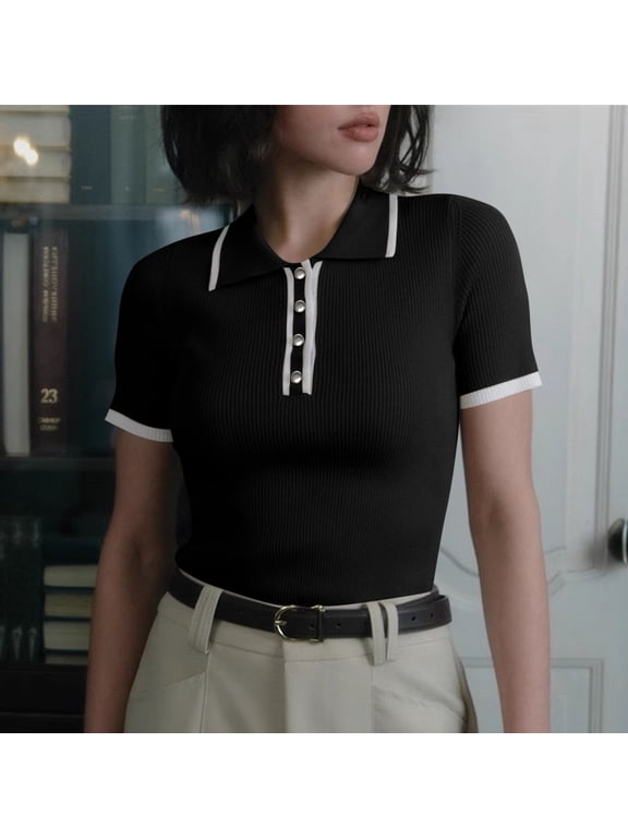 Going out Tops for Women Lapel Neck Button Drop Shoulder Slim Comfy Crop Tee Shirts Tops Trendy
