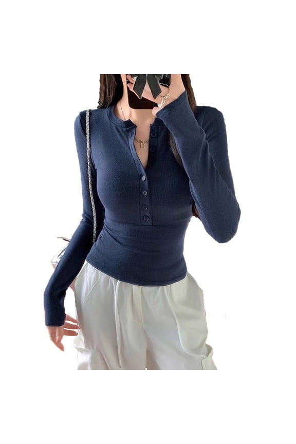 Going out Tops for Women Notch V Neck Ribbed Long Sleeve Slim Comfy Summer Fashion Casual Tops