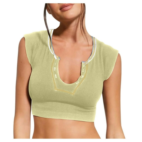 Timegard Going out Tops for Women Notched V Neck Sleeveless Crop Top Solid Color Slim Fitting Comfy Top