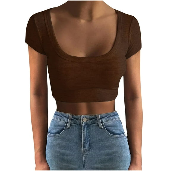 Timegard Going out Tops for Women Ribbed Slim Square Neck Cropped Tee Comfy Solid Color Summer Fashion