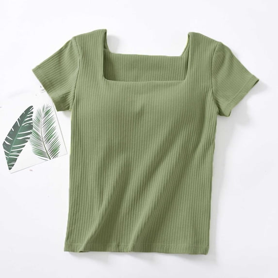 Timegard Going out Tops for Women Ribbed Square Neck Short Sleeve Crop Tops Summer Casual Travel Tee