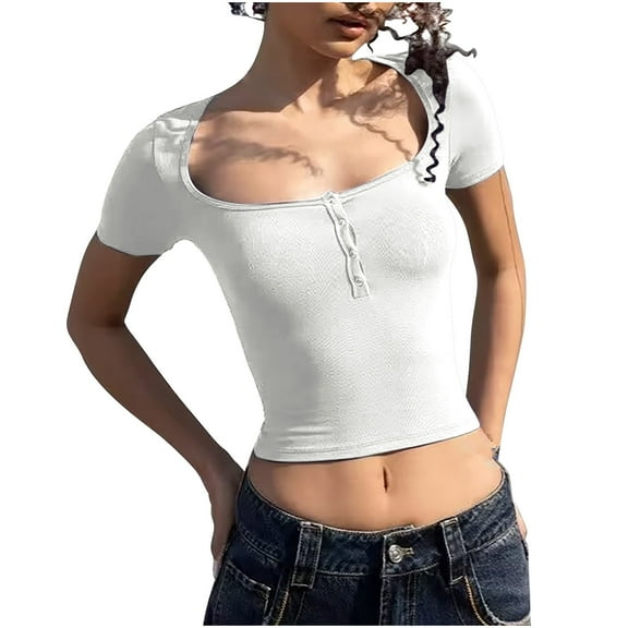 Timegard Going out Tops for Women Scoop Neck Button Crop Tops Casual Slim Comfy Short Sleeve Tee Shirts