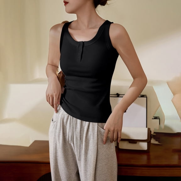Timegard Going out Tops for Women Scoop Neck Button Tank Tops Slim Comfy Fitting Sleeveless Tops Summer