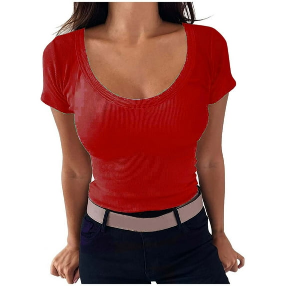 Timegard Going out Tops for Women Scoop Neck Comfy Slim Fitting Short Sleeve Solid Color Casual Tops