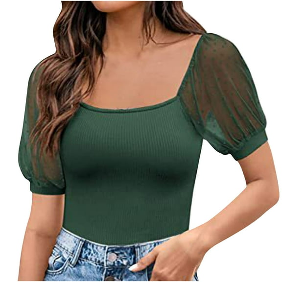 Timegard Going out Tops for Women Scoop Neck Mesh Puff 1/2 Sleeve Ribbed Tee Comfy Tops Summer Fashion