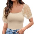 thumbnail image 1 of Timegard Going out Tops for Women Scoop Neck Mesh Puff 1/2 Sleeve Ribbed Tee Comfy Tops Summer Fashion, 1 of 7