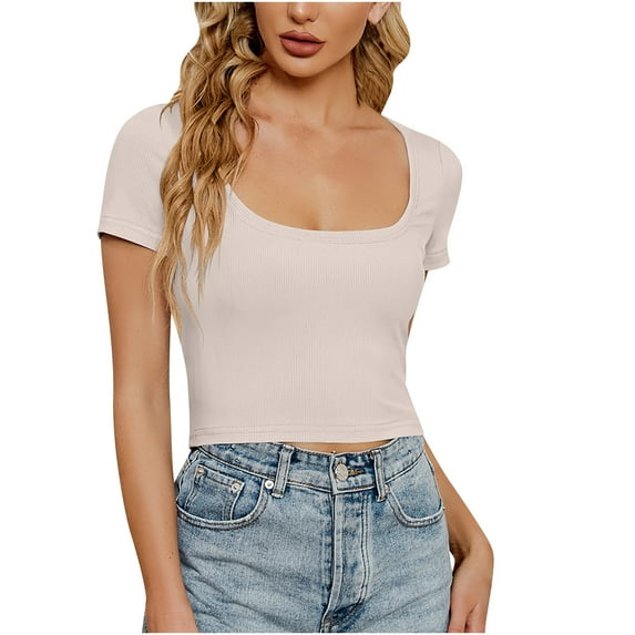 Timegard Going out Tops for Women Square Scoop Neck Ribbed Cropped Tee Solid Color Casual Tops Fashion