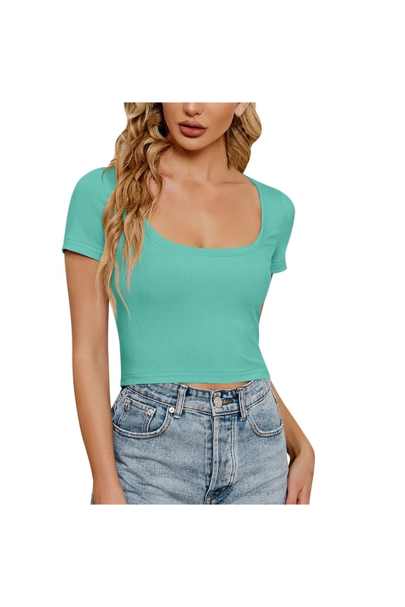 Going out Tops for Women Square Scoop Neck Ribbed Cropped Tee Solid Color Casual Tops Fashion