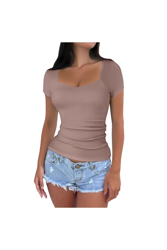 Going out Tops for Women Square Scoop Neck Short Sleeve Slim Comfy Casual Tee Summer Fashion