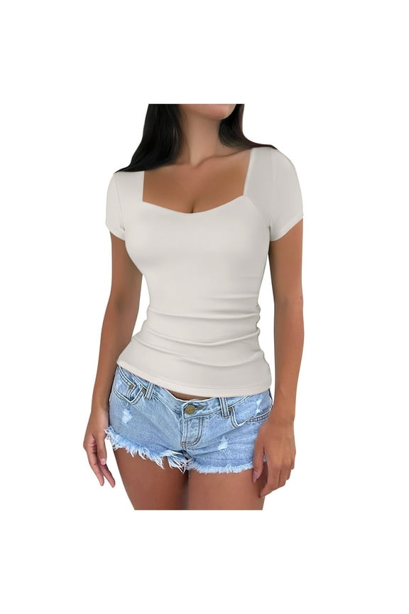 Going out Tops for Women Square Scoop Neck Short Sleeve Slim Comfy Casual Tee Summer Fashion