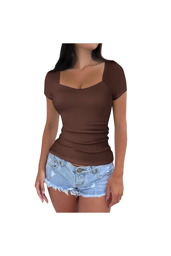 Going out Tops for Women Square Scoop Neck Short Sleeve Slim Comfy Casual Tee Summer Fashion