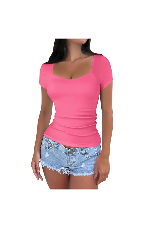 Going out Tops for Women Square Scoop Neck Short Sleeve Slim Comfy Casual Tee Summer Fashion