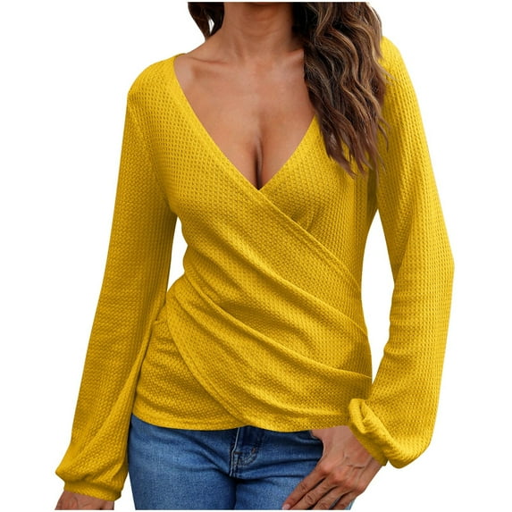 Timegard Going out Tops for Women V Neck Drop Shoulder Blouse Fall Dressy Casual Slim Long Sleeve Tops