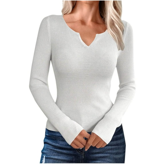 Timegard Going out Tops for Women V Neck Long Sleeve Slim Comfy Tops Solid Color Skinny Sweater Casual