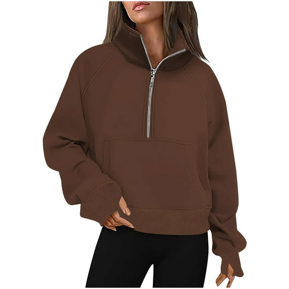 Timegard Half Zip Pullover for Women Cropped Long Sleeve Tops Sweatshirts Thumb Hole Fall Solid Color Tops