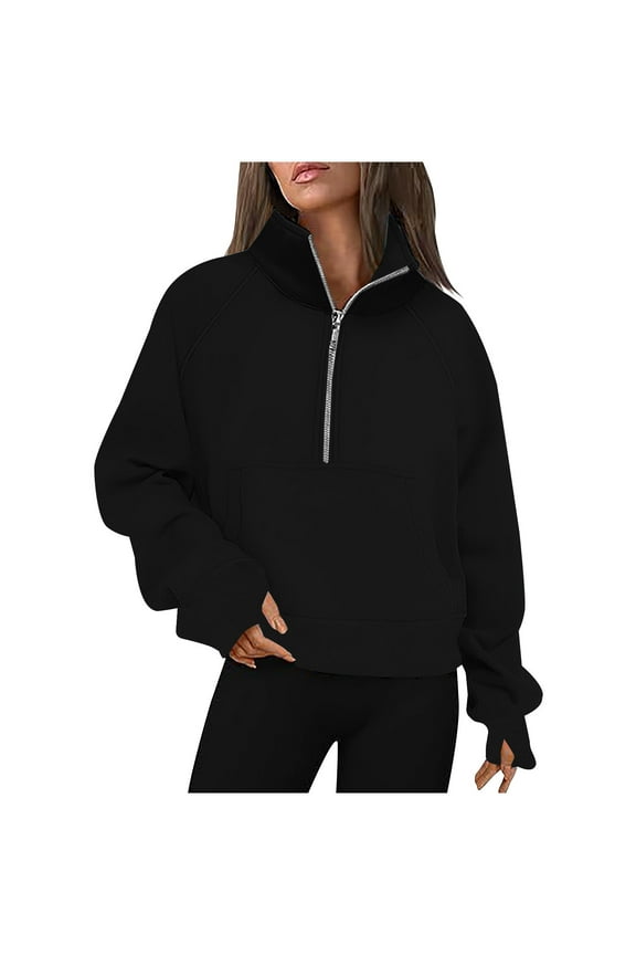Half Zip Pullover for Women Cropped Long Sleeve Tops Sweatshirts Thumb Hole Fall Solid Color Tops