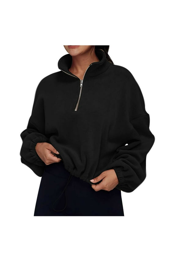 Half Zip Pullover for Women Oversized Sweatshirts High Neck Crop Winter Fleece Tops with Pockets