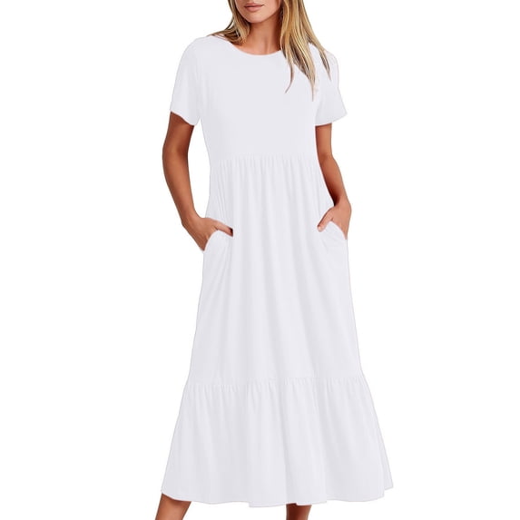 Timegard Holiday Dresses for Women Summer Ruched Round Neck Short Sleeve Ruffle Casual Loose Comfy Long Dresses