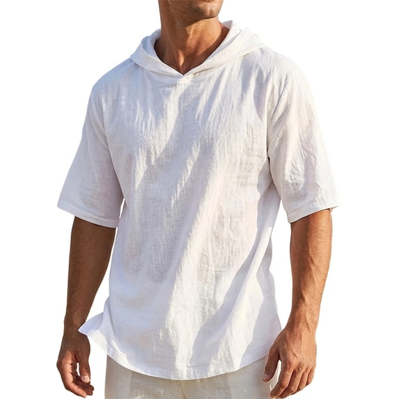 Timegard Hoodies for Men Cotton Linen Half Sleeve Loose Fitting Lightweight Summer Beach Casual Solid Color Pullover,White,XL