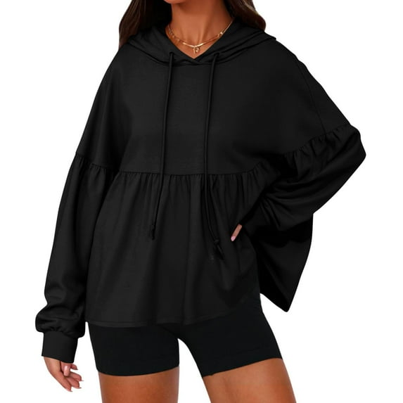 Timegard Hoodies for Women Drawstring Long Sleeve Ruched Ruffle Pullover Cute Sweatshirts Fall Travel