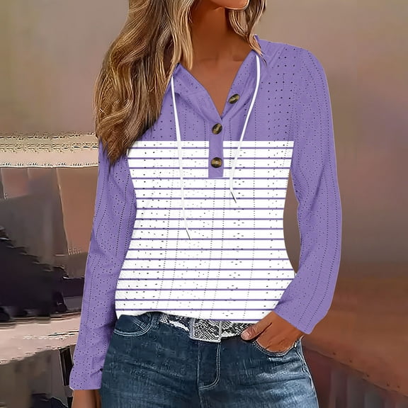 Timegard Hoodies for Women Eyelet V Neck Button Striped Sweatshirts Comfy Fall Casual Pullover Tops