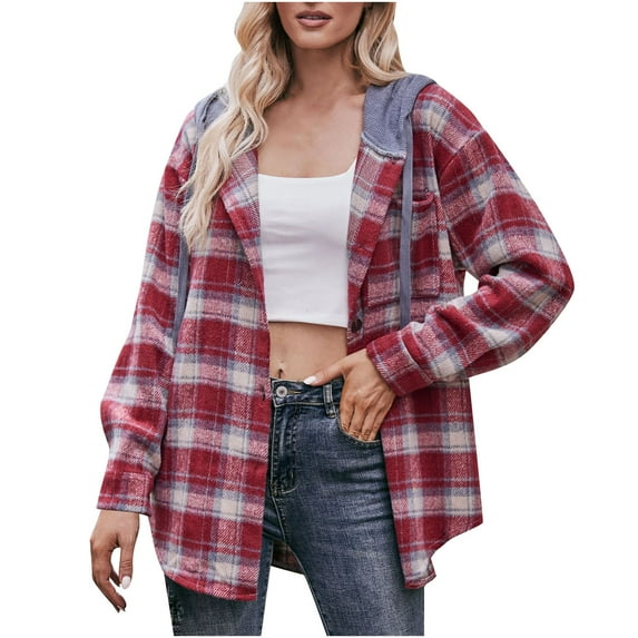 Timegard Hoodies for Women Long Sleeve Button up Plaid Fall Casual Comfy Jackets Coats with Pockets