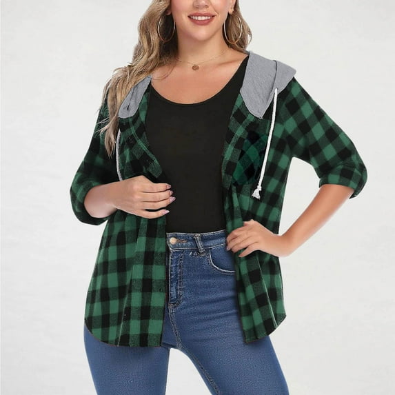 Timegard Plaid Shirts for Women Button down Shacket Hoodies Loose Comfy Long Sleeve Jackets Fall