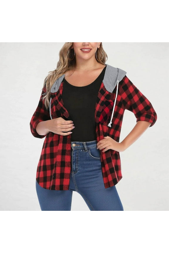 Plaid Shirts for Women Button down Shacket Hoodies Loose Comfy Long Sleeve Jackets Fall