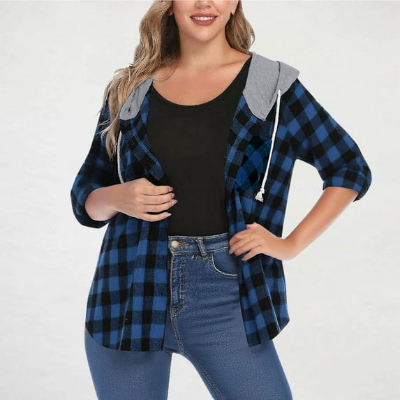 Timegard Plaid Shirts for Women Button down Shacket Hoodies Loose Comfy Long Sleeve Jackets Fall
