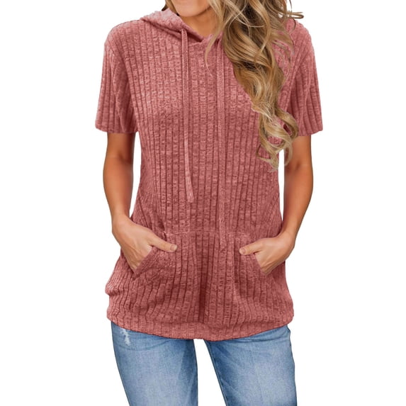 Timegard Hoodies for Women Summer Ribbed Short Sleeve Comfy Pullover Casual Mid Long Tops with Pocket