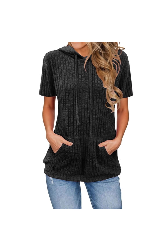 Hoodies for Women Summer Ribbed Short Sleeve Comfy Pullover Casual Mid Long Tops with Pocket