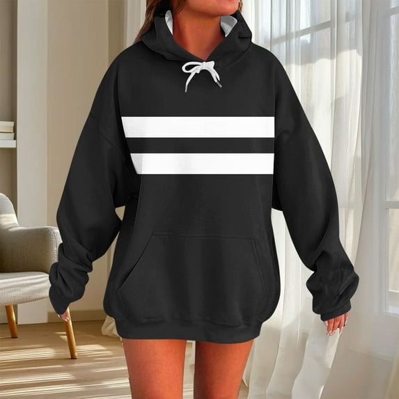 Timegard Hoodies for Women Sweatshirts Color Block Long Sleeve Pullover Drop Shoulder Oversized Fall Clothing