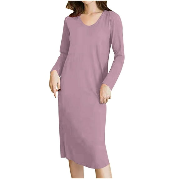 Timegard House Dresses for Women with Pockets Long Sleeve Round Neck Solid Color Comfy Sleep Wear Dress
