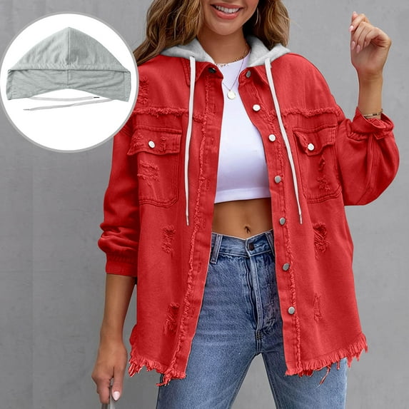 Timegard Jackets for Women Long Sleeve Button down Jean Hoodies Ripped Hole Fall Fashion Loose Streetwear