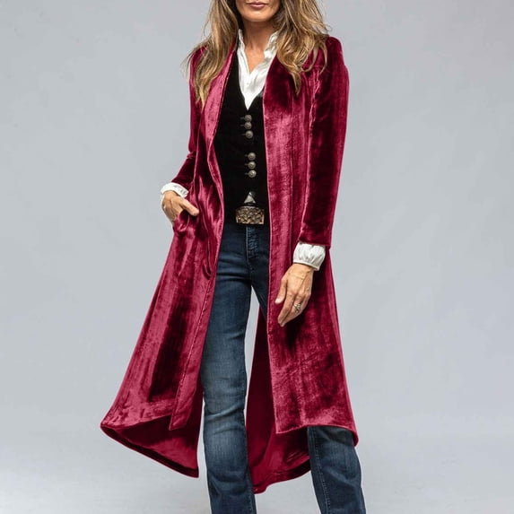 Timegard Jackets for Women Velvet Open Front Lapel Neck Back Split Long Sleeve Loose Casual Jackets Pockets