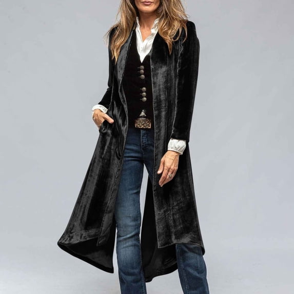 Timegard Jackets for Women Velvet Open Front Lapel Neck Back Split Long Sleeve Loose Casual Jackets Pockets