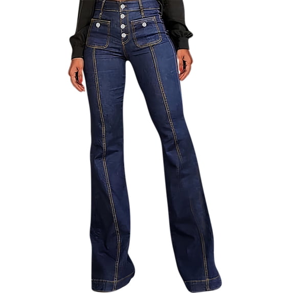 Timegard Jean Pants for Women High Waist Button Bell Bottom Stretch Denim Pants Fall Winter Fashion