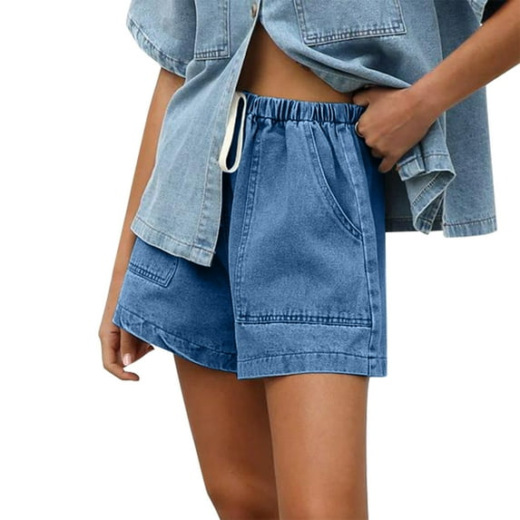 Timegard Jean Shorts for Women Elastic High Waist Straight Leg Loose Denim Shorts Vintage Summer Fashion