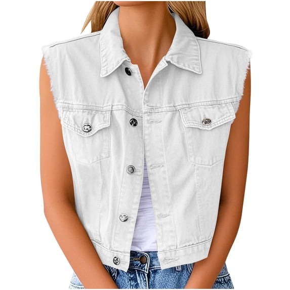 Timegard Jean Vests for Women Summer Travel Collared Button down Cropped Tops Fashion Denim Tops S-5XL