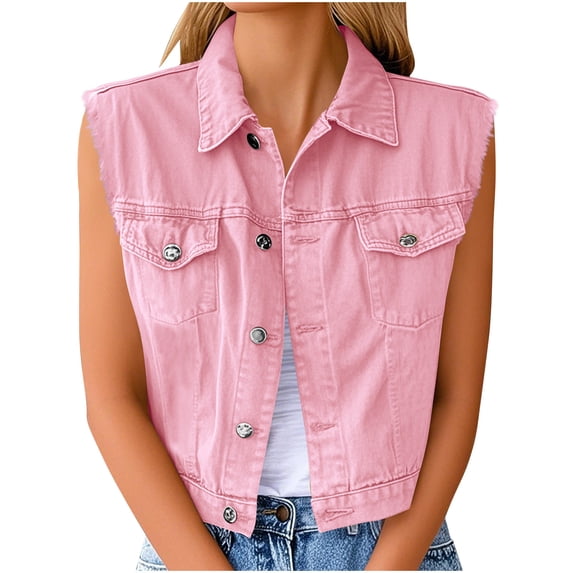 Timegard Jean Vests for Women Summer Travel Collared Button down Cropped Tops Fashion Denim Tops S-5XL