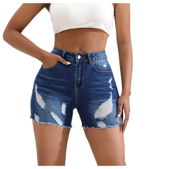 Timegard Jean for Women High Waisted Stretch Slim Hole Ripped Summer Classic Denim Shorts with Pockets