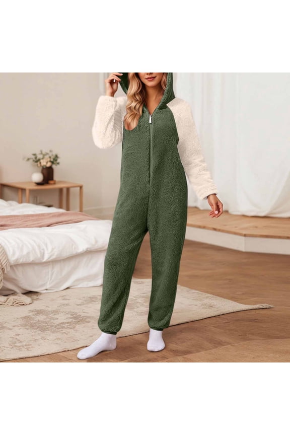 Jumpsuit for Women Winter Fleece Plus Size Zipper Long Sleeve Fitting Comfy Color Block Jumpsuit