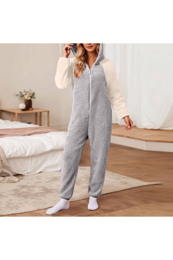 Jumpsuit for Women Winter Fleece Plus Size Zipper Long Sleeve Fitting Comfy Color Block Jumpsuit