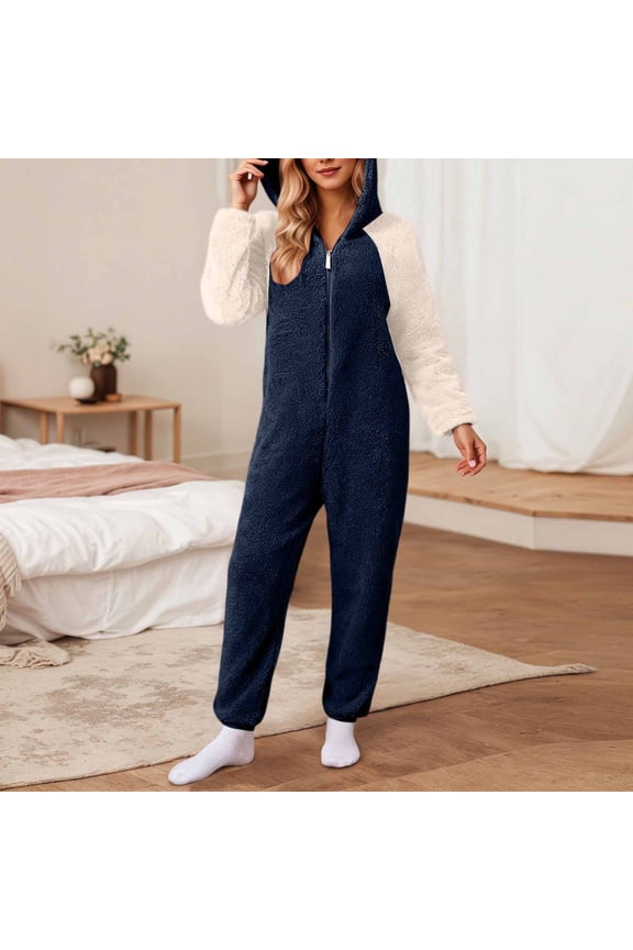 Jumpsuit for Women Winter Fleece Plus Size Zipper Long Sleeve Fitting Comfy Color Block Jumpsuit