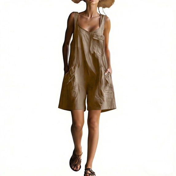 Timegard Jumpsuits for Women Summer Square V Neck Sleeveless Loose Cargo Overalls Short Rompers with Pockets,Brown,XL